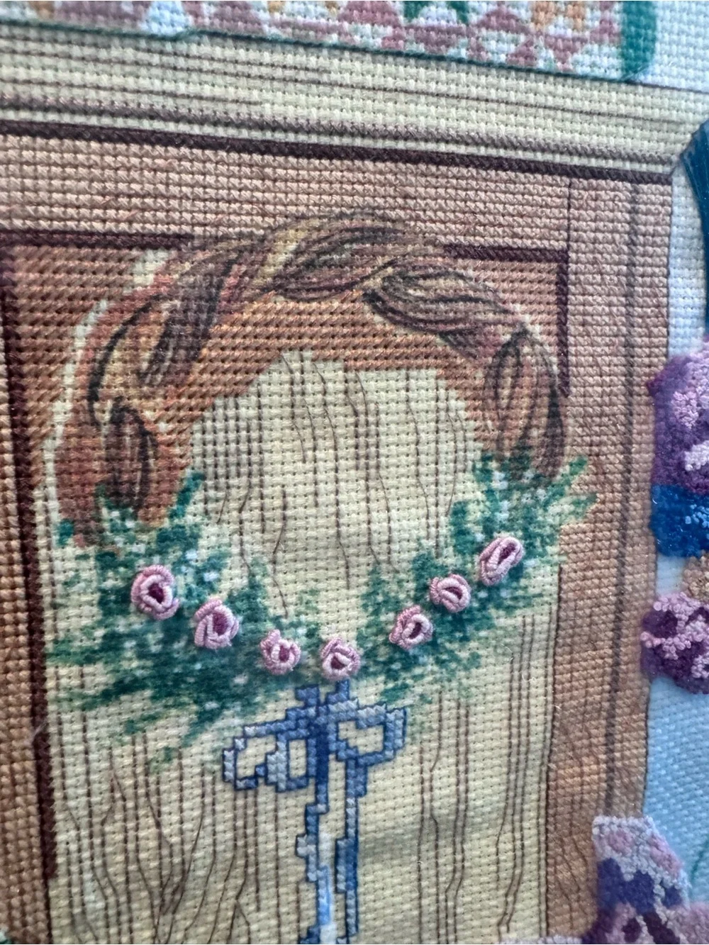 Framed Cross-Stitch Teddy Bear Cottage Core Granny Core Picture